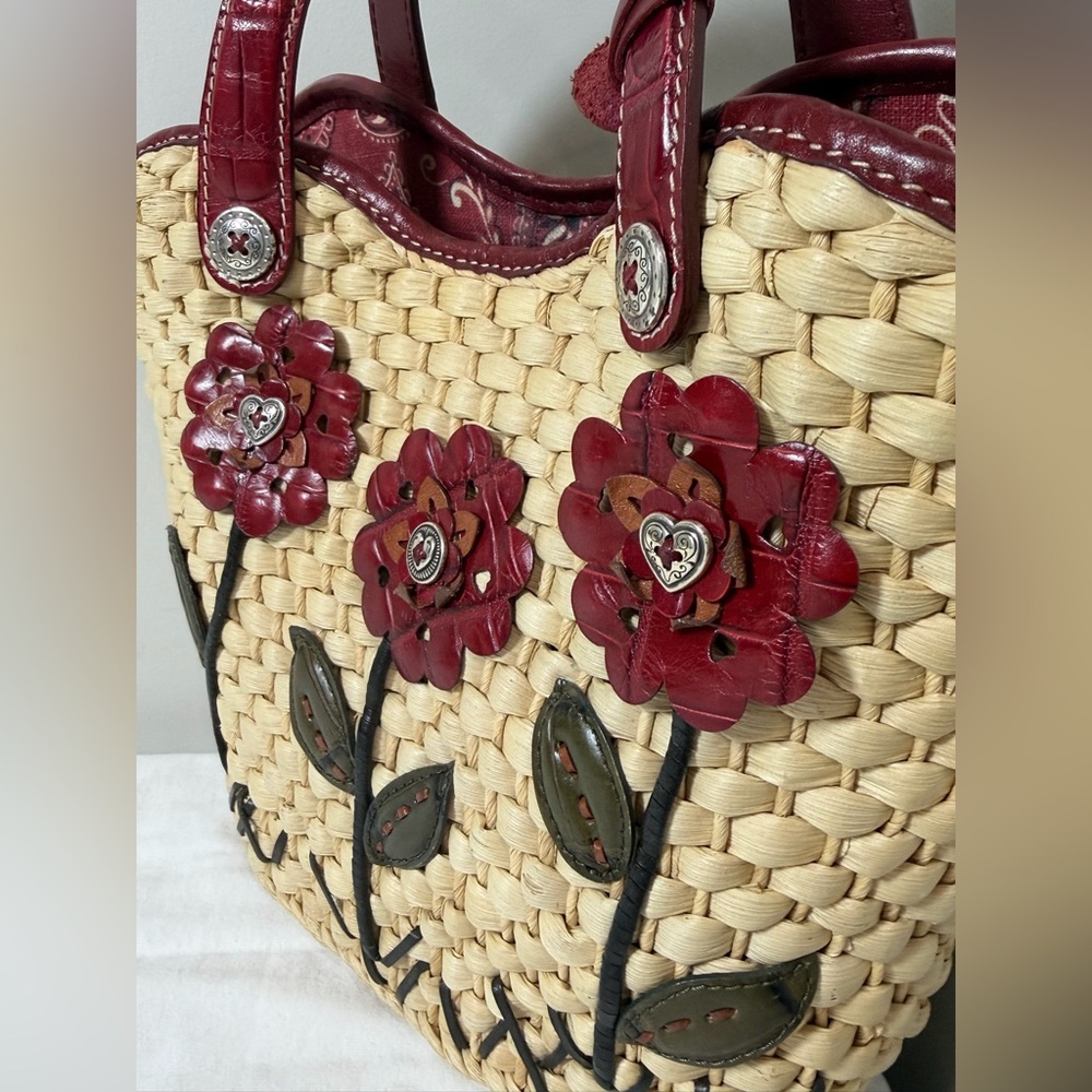 Brighton Beverly Straw Tote Handbag Stylish Woven Tote with Red Leather Accents - Picture 6 of 12